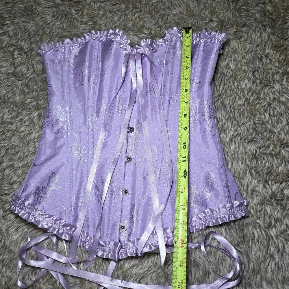 Lavender Satin Corset Top Lace Up Boned Bustier Floral Brocade Strapless Women S